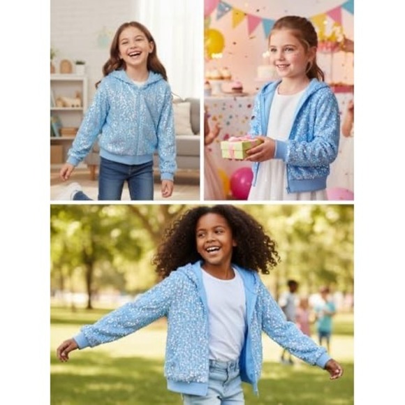 Girls Sequined Zip Up Hoodie WeLakken Age 8Y Blue Sparkly Jacket - Picture 2 of 12